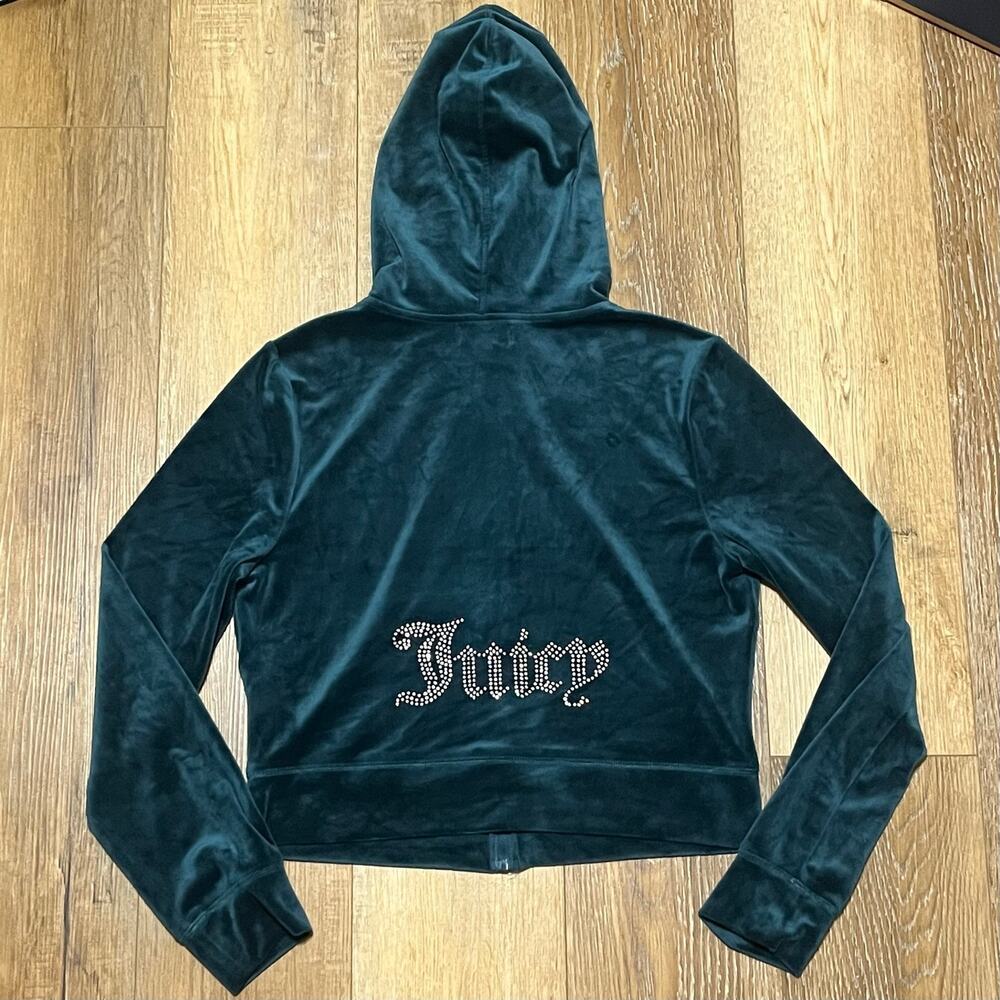 Juicy Couture Velour OG Bling Jacket L Pine Green Hooded Pockets Y2K Bratz NWOT